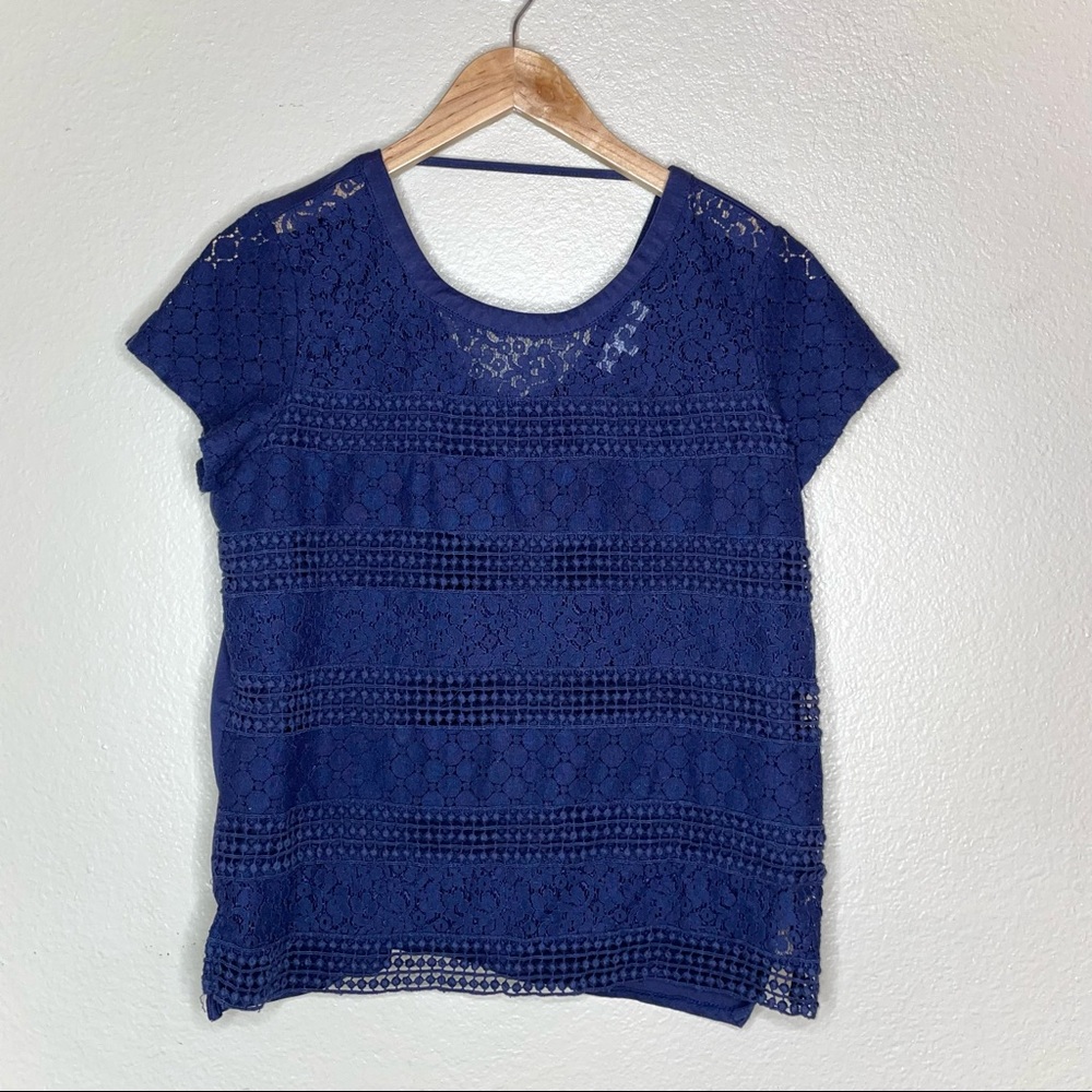 Heartloom Janny Lattice Trim Navy Top Short Sleeve Open Back Embroidered Lace